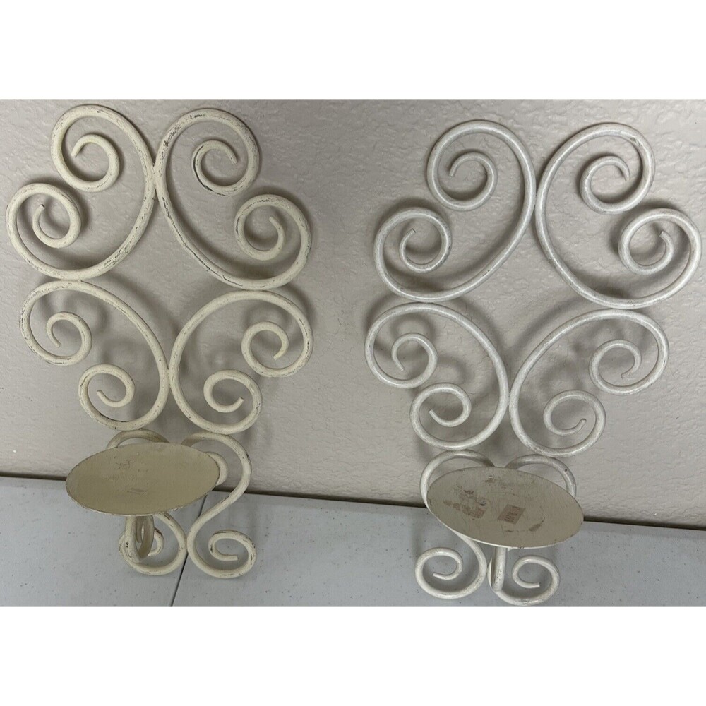 Wrought Iron Sconce Wall Hanging Pillar Candle Holder Set 2 White Scroll Nouveau - Picture 2 of 8